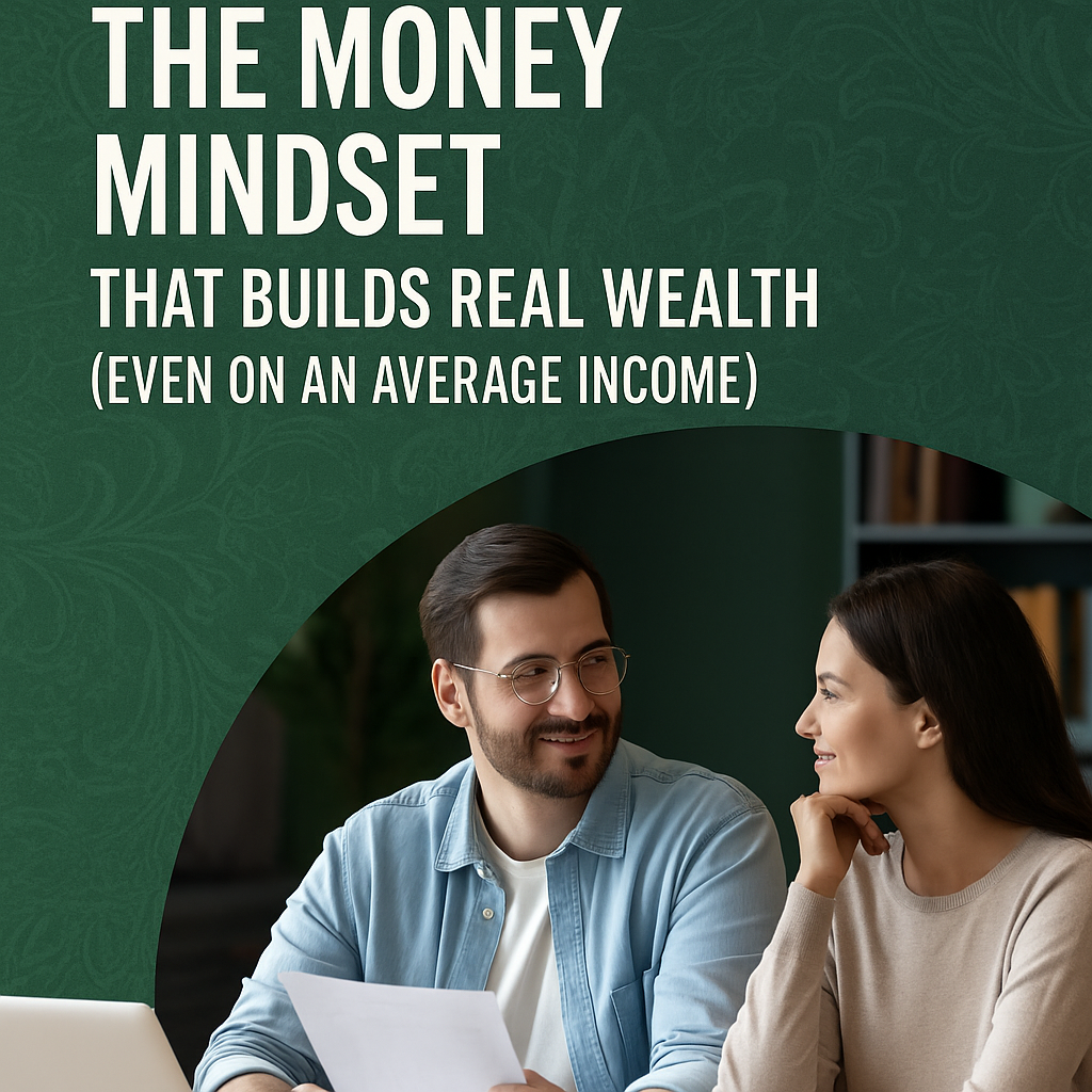 Confident couple reviewing finances together at a desk, representing a healthy money mindset and financial balance.