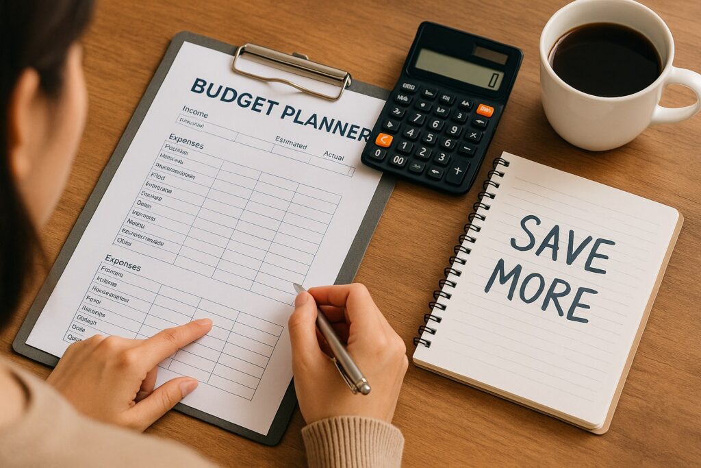 Young woman reviewing her monthly budget on paper and laptop at a kitchen table, representing common budgeting mistakes and how to fix them.