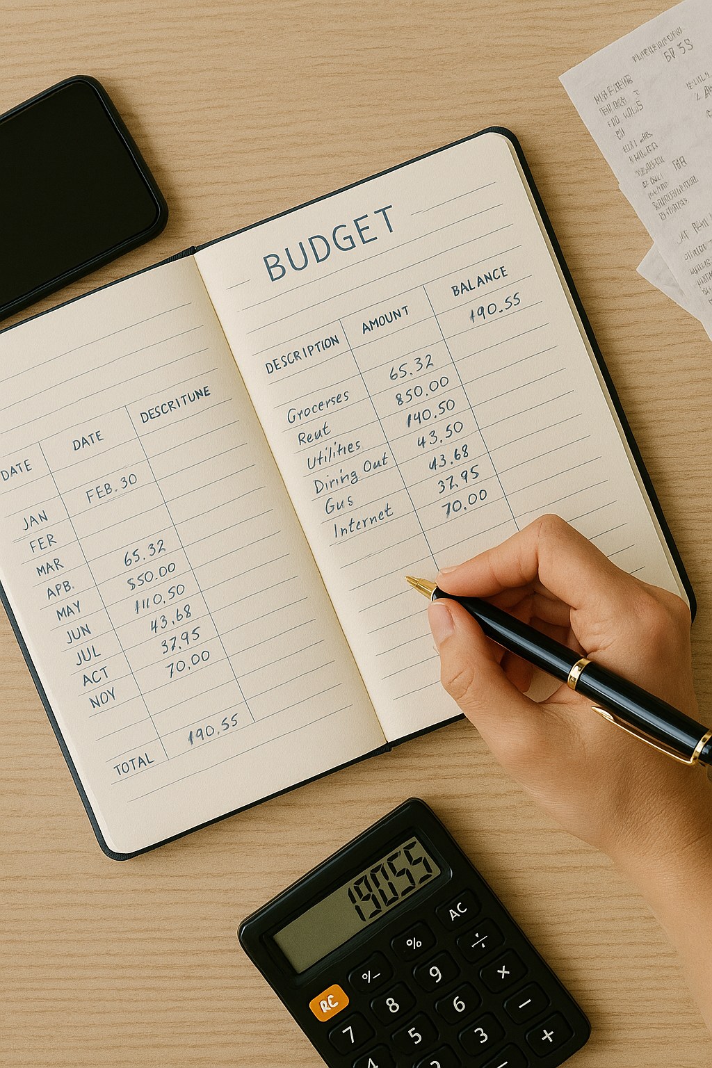 Mindful spending example with coffee and budgeting notebook. Every Dollar Grows