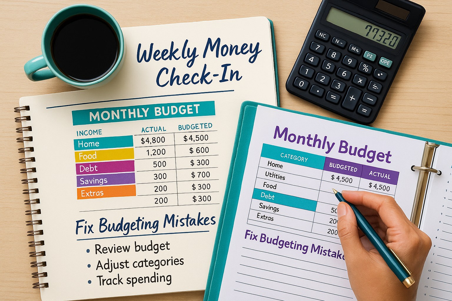 Person having a weekly money check-in to fix budgeting mistakes and review their budget