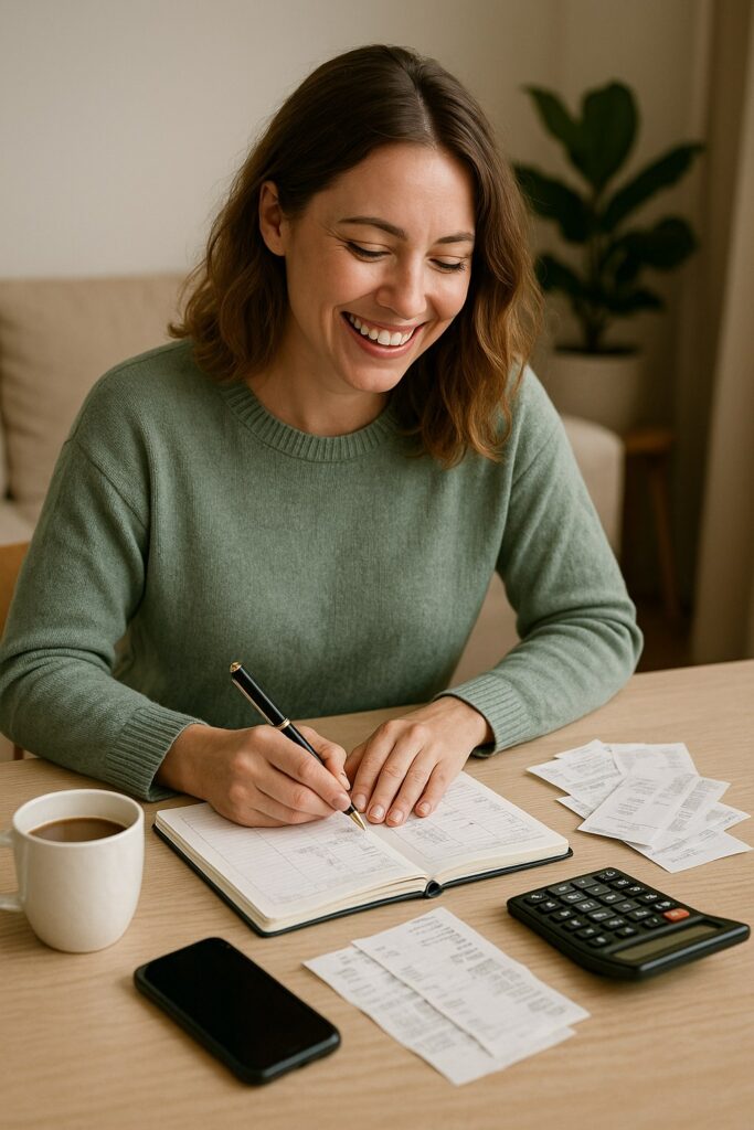 Woman smiling while budgeting at a table with notebook, receipts, and coffee — saving money without feeling deprived