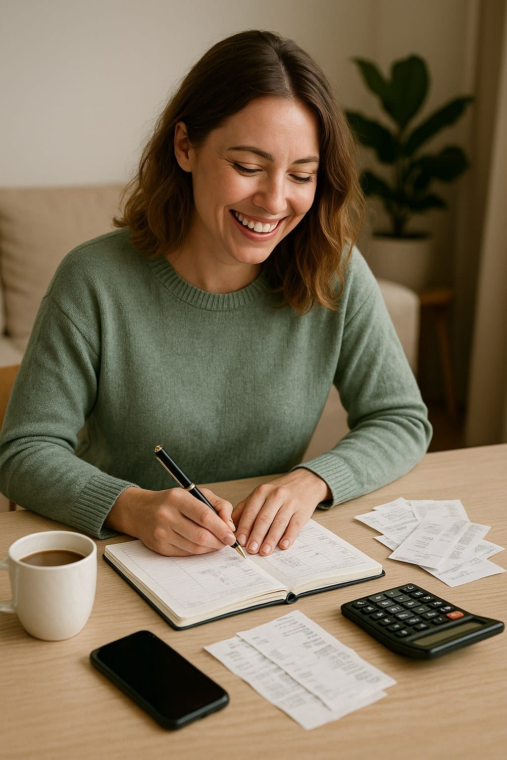 Woman budgeting comfortably at a table while planning how to save money without feeling deprived
