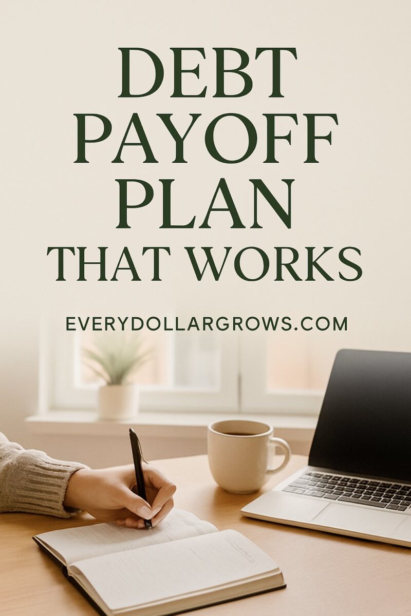 Person writing a debt payoff plan in a notebook at a desk with a laptop and coffee