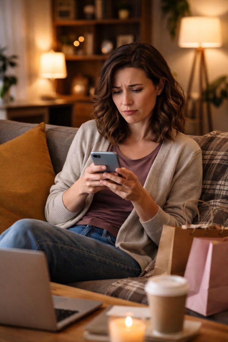Person pausing thoughtfully before making a purchase, representing emotional spending awareness and intentional money decisions
