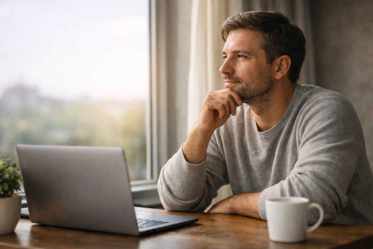 Person thoughtfully reviewing investment information, representing a calm and confident investing mindset