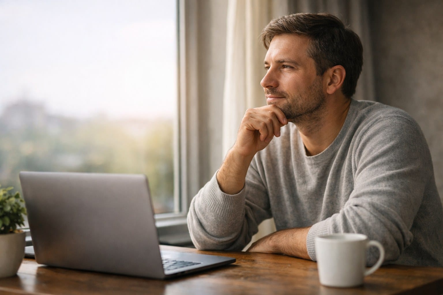 Person thoughtfully reviewing investment information, representing a calm and confident investing mindset