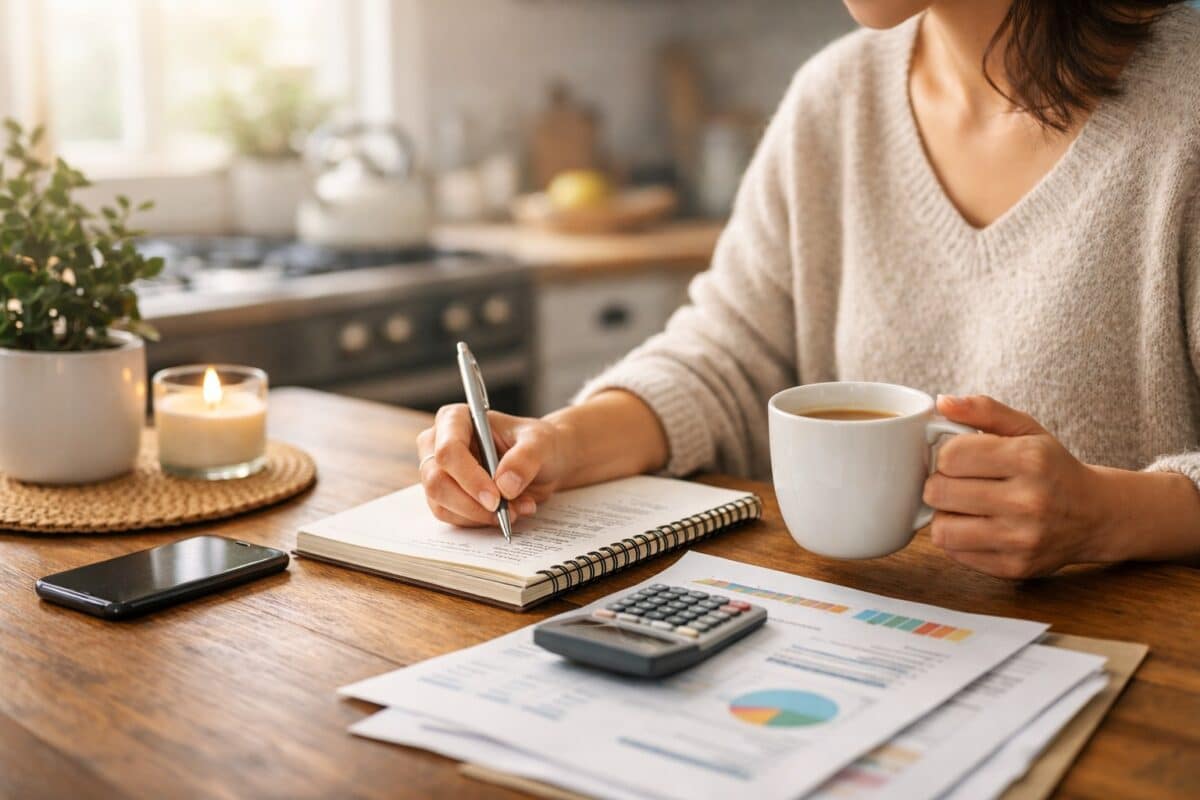 Person calmly reviewing finances at a kitchen table, representing healthy money mindset habits and intentional financial planning