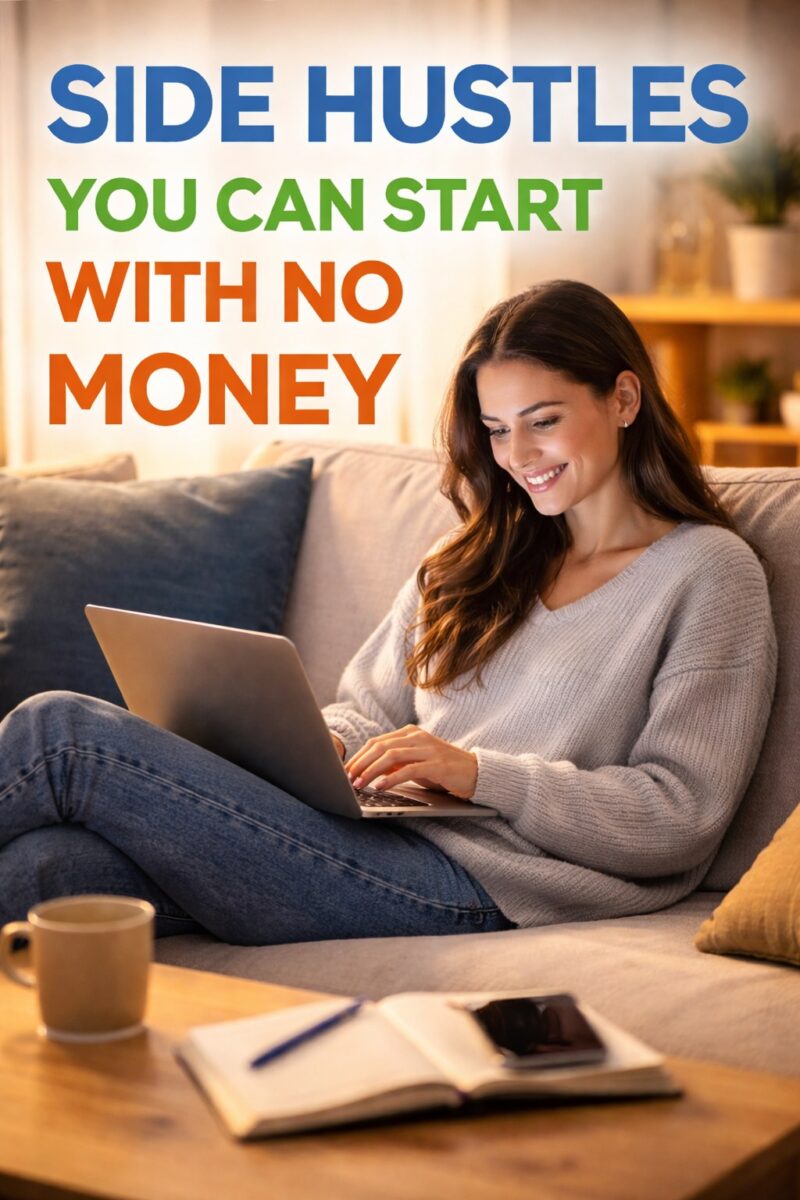 Side hustles you can start with no money, shown by a person using a laptop and phone at home in a relaxed setting