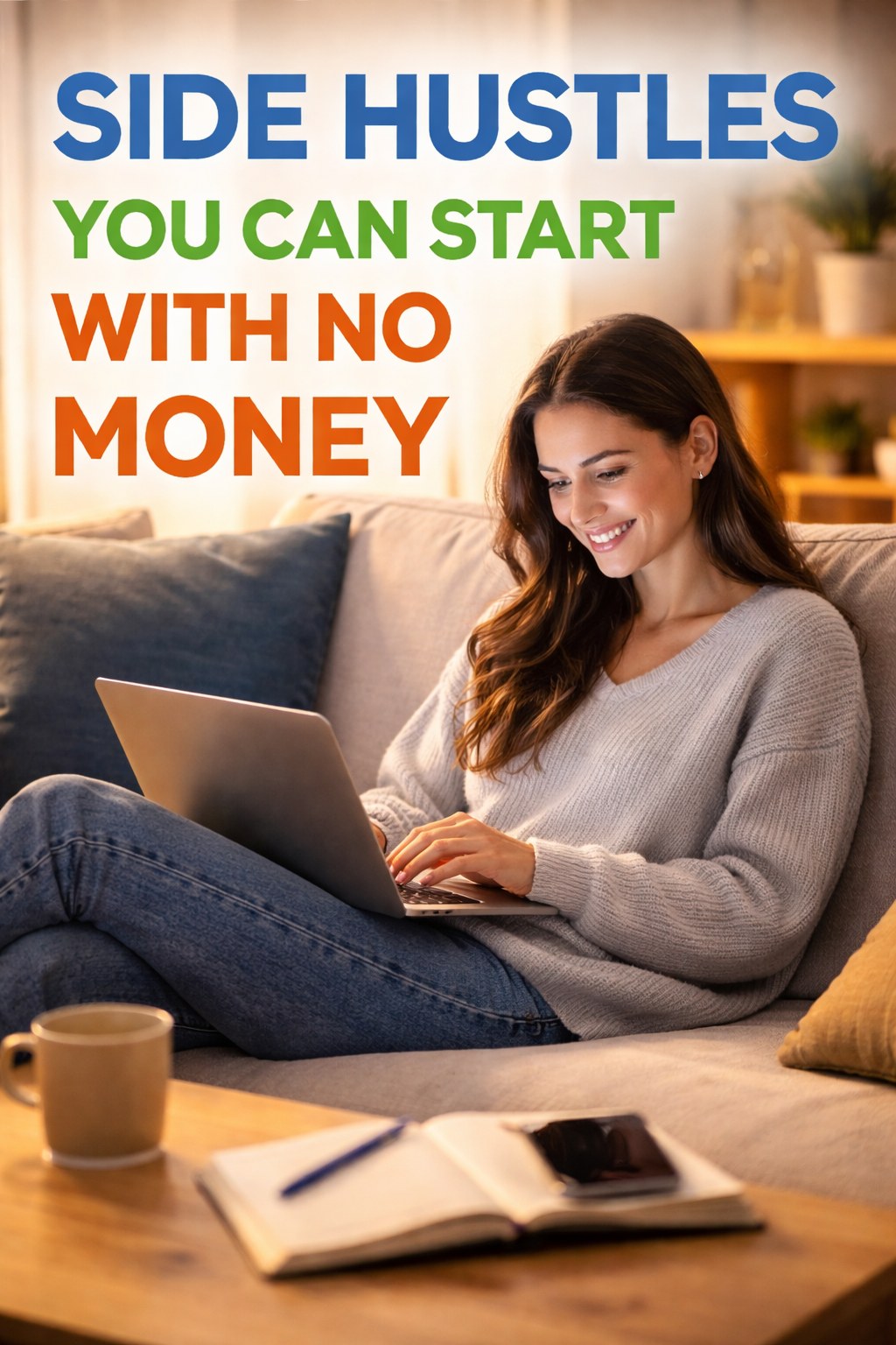 Side hustles you can start with no money, shown by a person using a laptop and phone at home in a relaxed setting