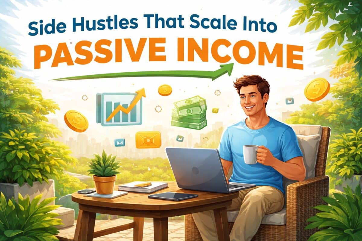 Side hustles that scale into passive income, showing a person building sustainable income systems over time
