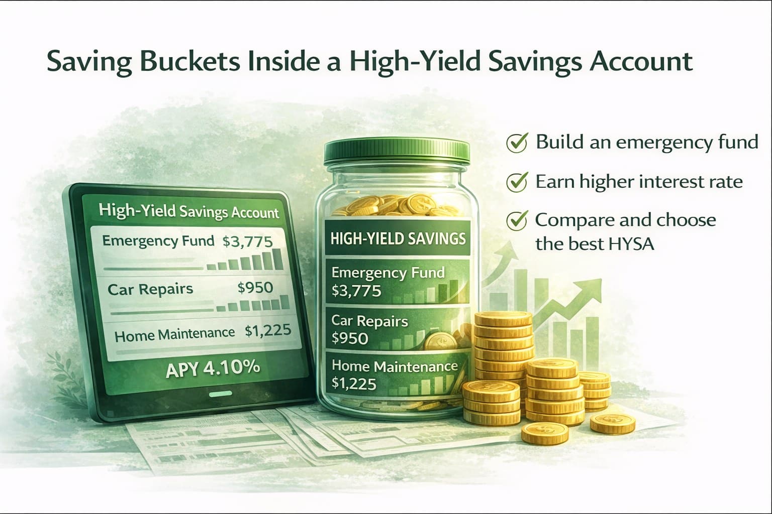 Example savings buckets inside a high-yield savings account for emergency fund and sinking funds