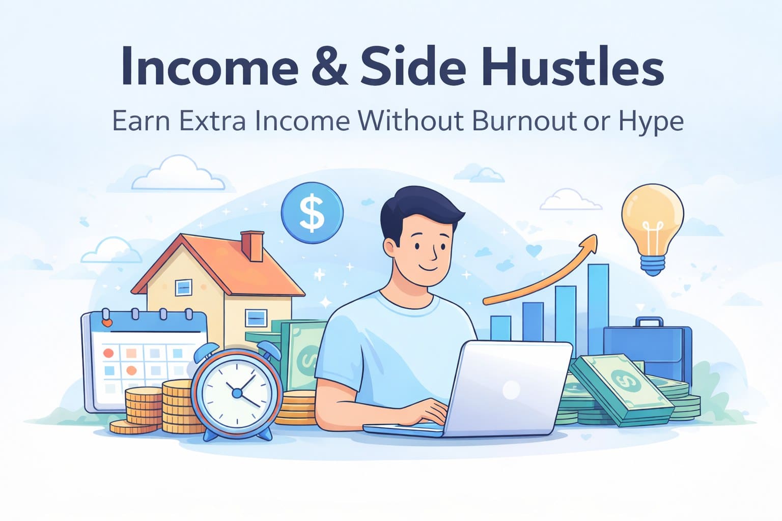Income and side hustles guide showing realistic ways to earn extra income and build long-term financial stability