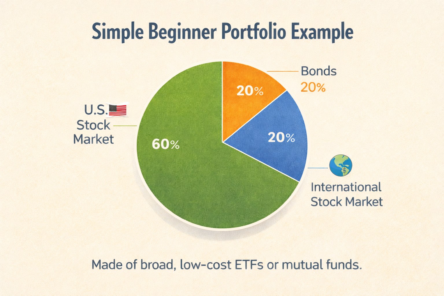 Simple beginner portfolio example with 60 percent U.S. stocks 20 percent international stocks and 20 percent bonds