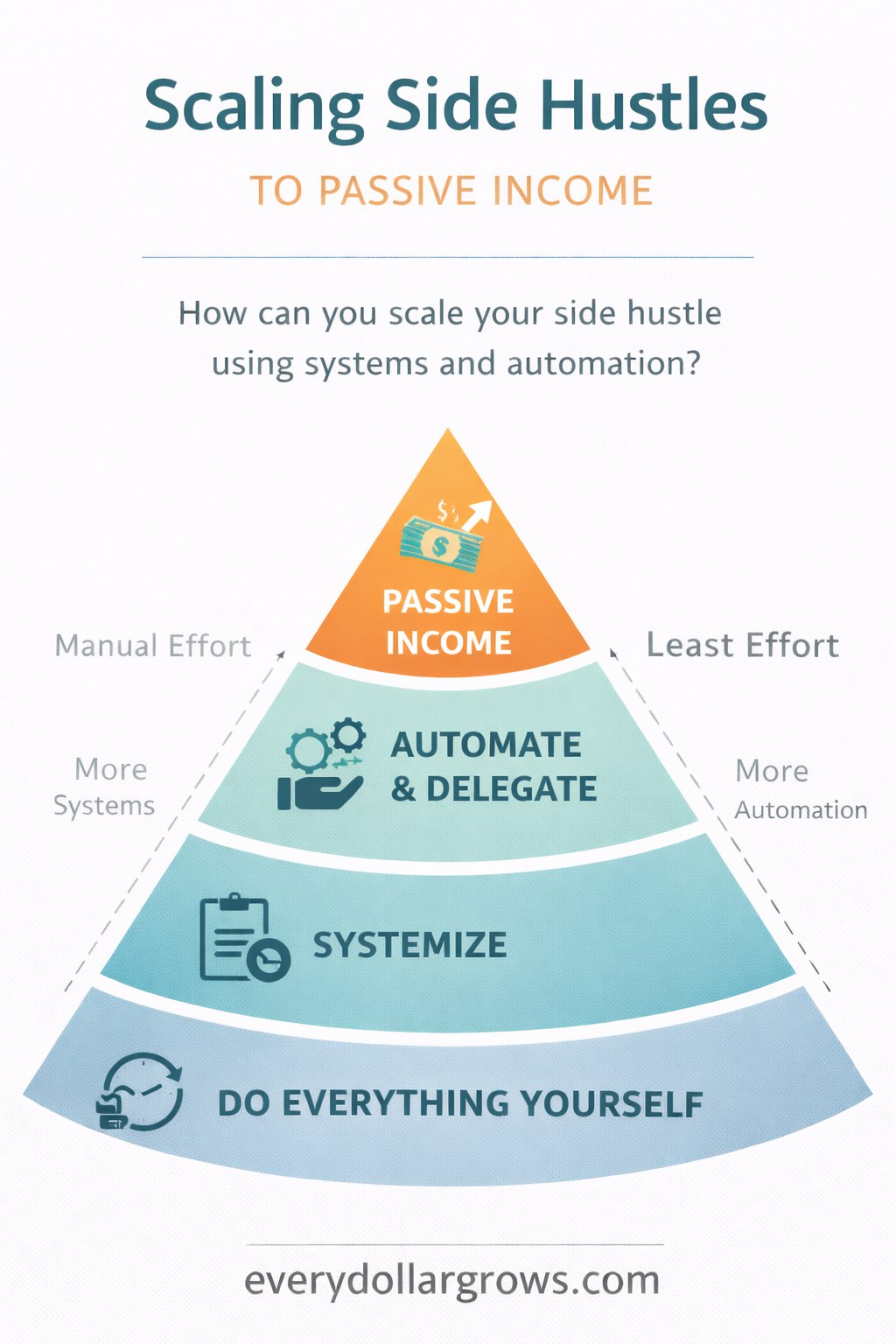 Scaling side hustles into passive income using systems, automation, and leverage shown in a step-by-step pyramid structure