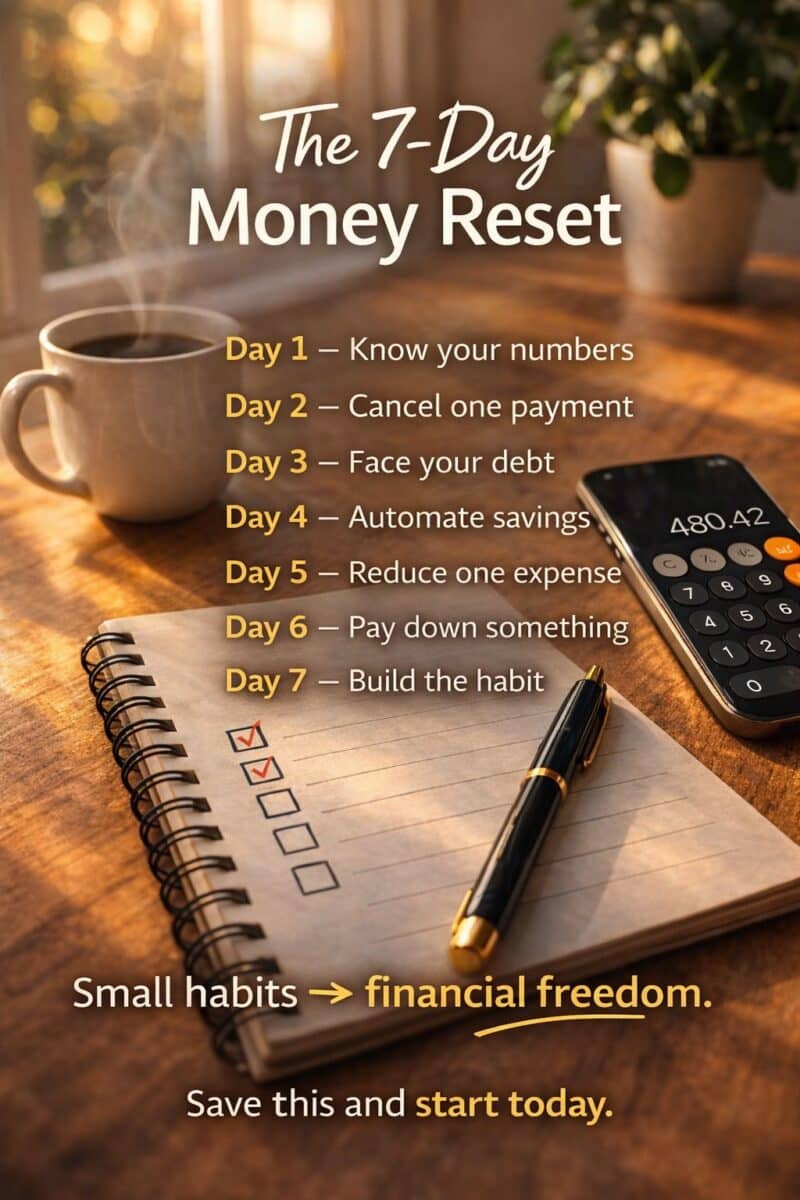 7 day money reset checklist showing the full seven day financial reset plan including budgeting saving and debt steps