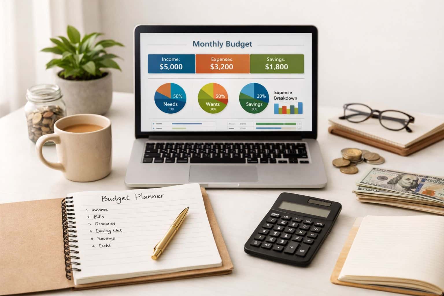 Budgeting and saving money workspace with a monthly budget dashboard notebook calculator and savings planning