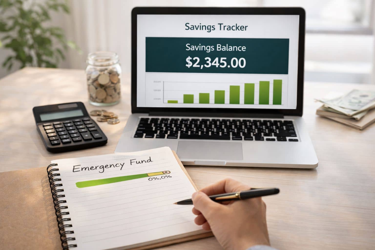 Laptop displaying savings tracker balance while person writes emergency fund progress in a budgeting notebook