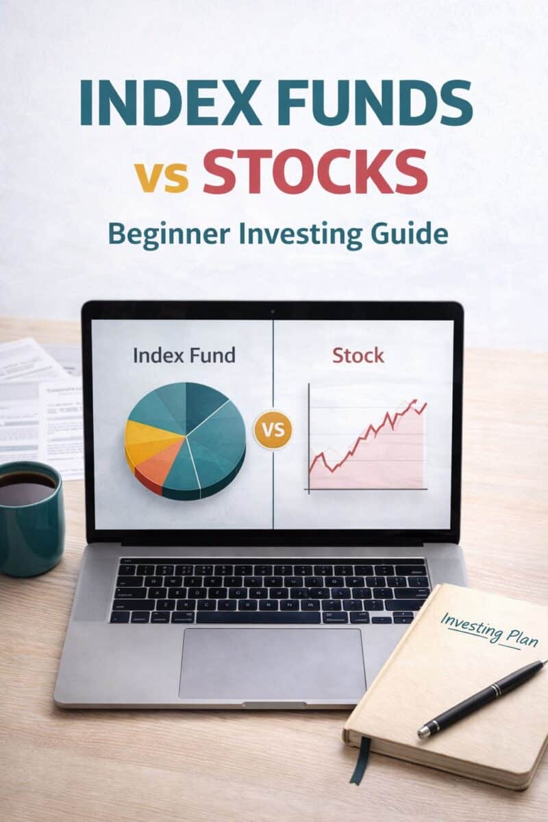 Index funds vs stocks comparison showing diversified index fund pie chart and individual stock growth chart for beginner investors