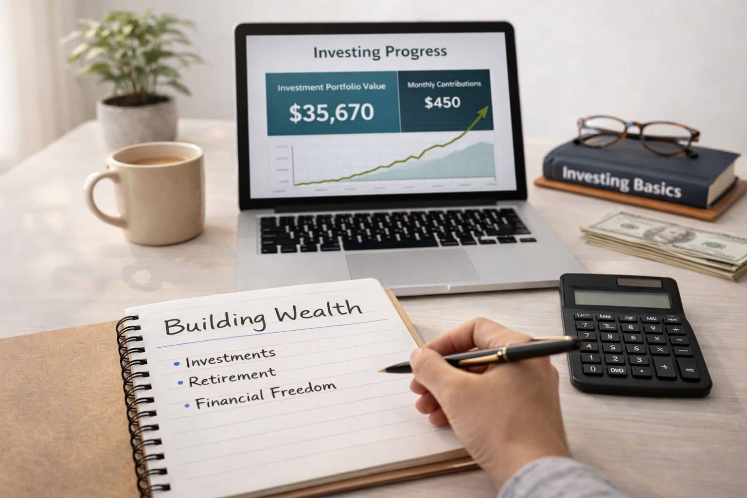 Laptop showing investment portfolio growth while person writes wealth building plan in notebook