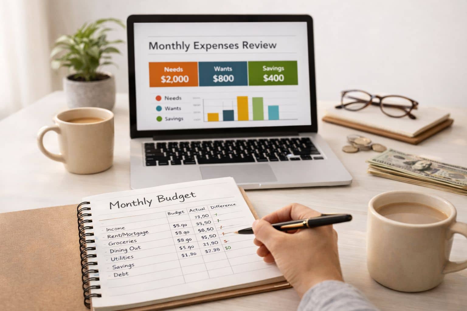Person reviewing monthly budget in planner while laptop displays categorized expenses and savings totals