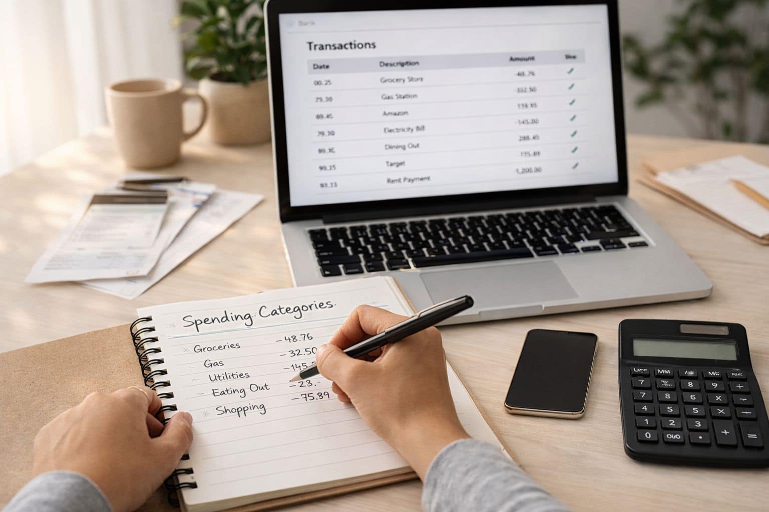 Person reviewing bank transactions on laptop while writing spending categories in notebook during a monthly budget review