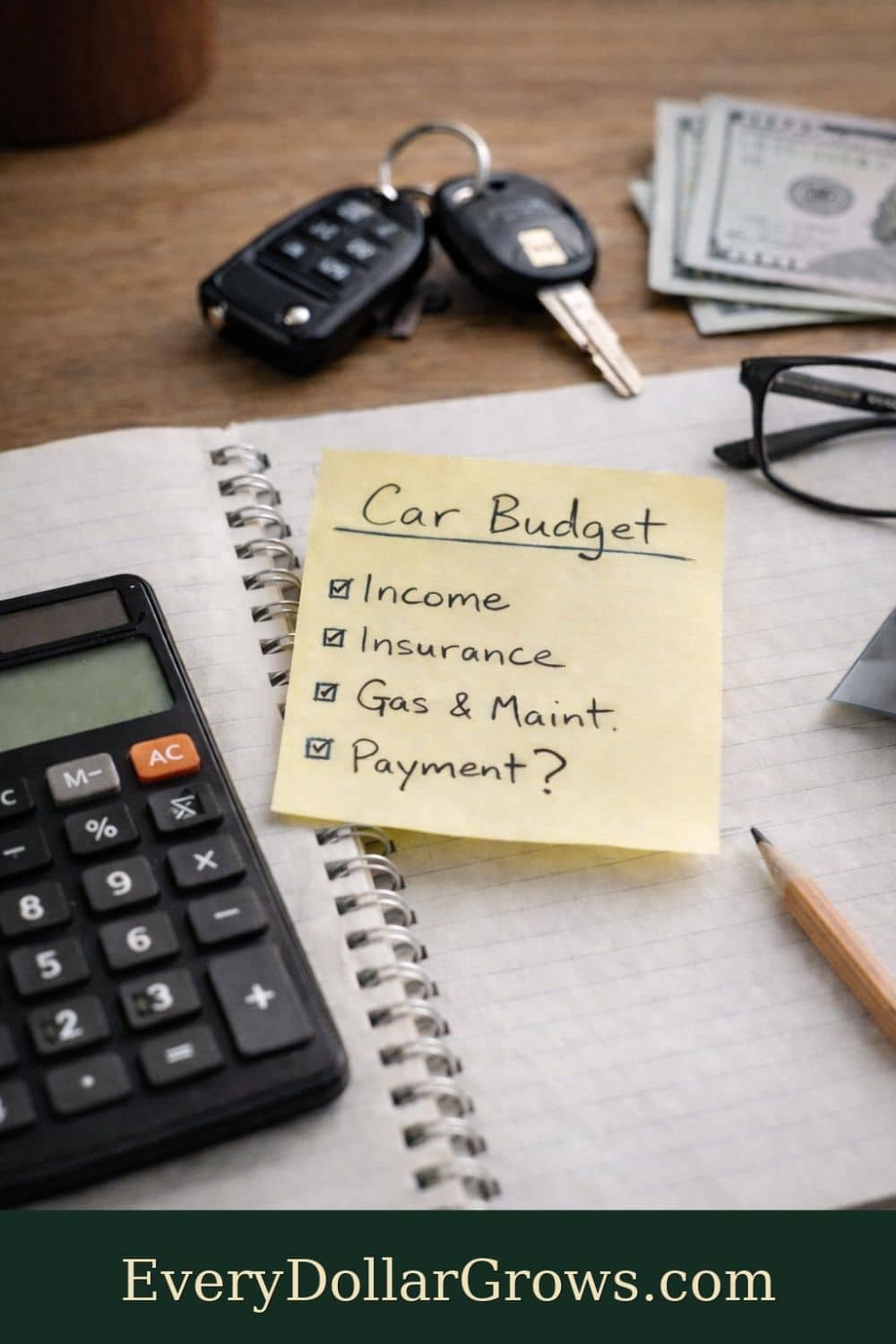 Car budget planning scene with calculator, car keys, notebook, and EveryDollarGrows.com branding for a how much car can I afford guide.