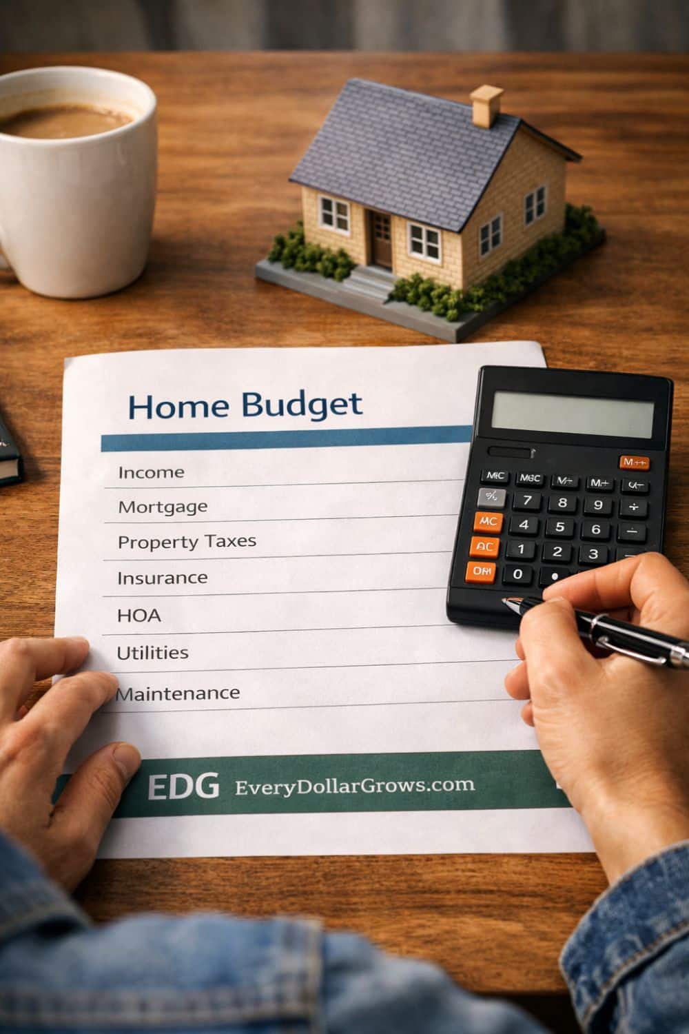 First-time homebuyer reviewing a budget worksheet, calculator, and home costs while planning how much house they can I afford.