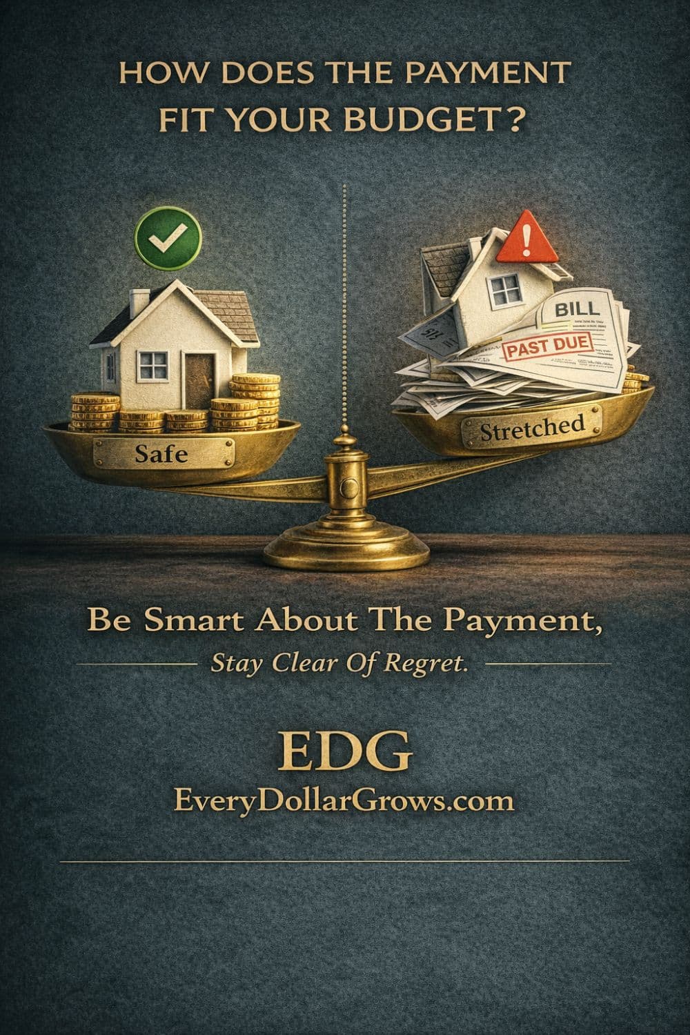 Dark green and gold concept pin comparing a safe home payment with a stretched home payment, showing the importance of choosing a house payment that fits your real budget.