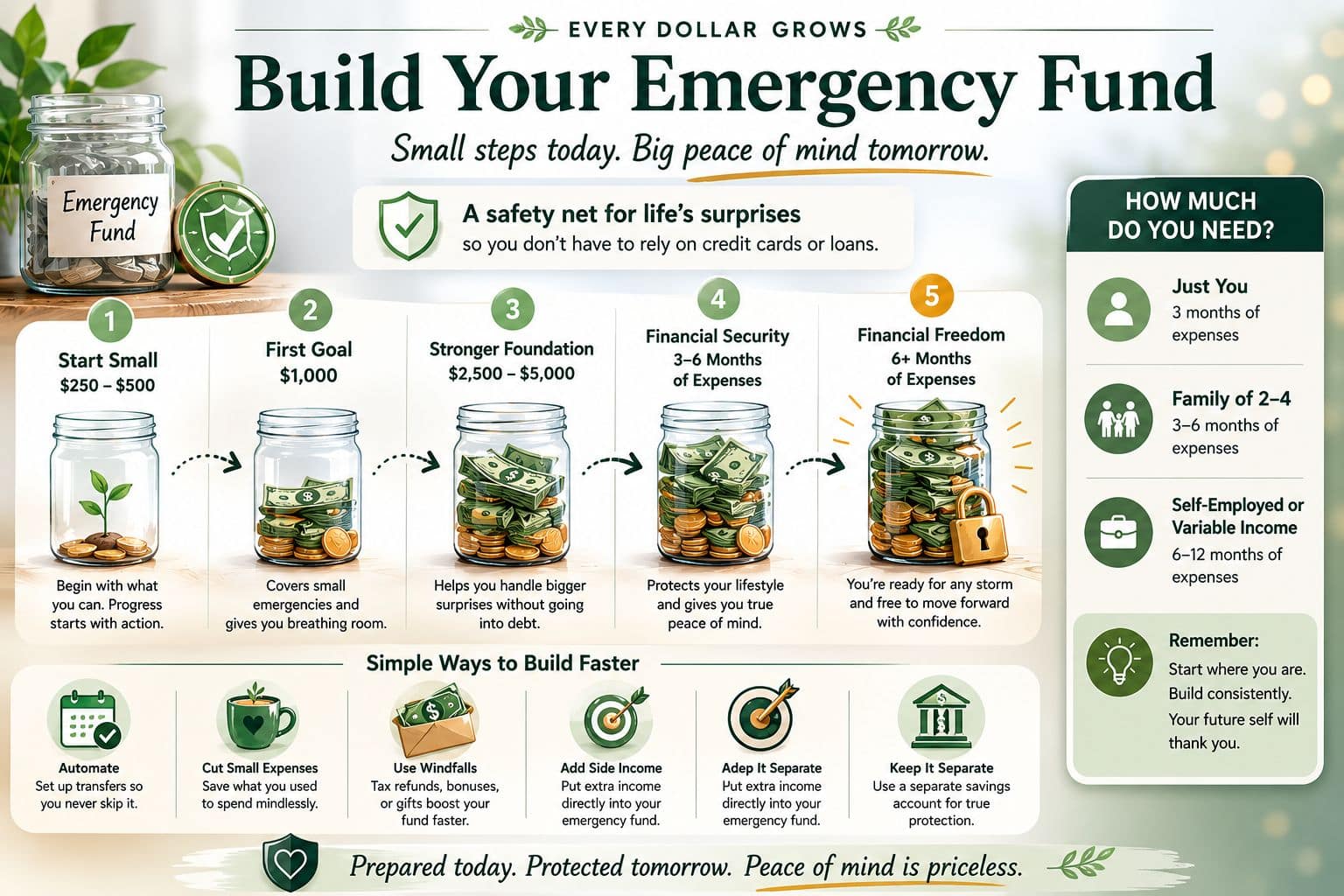 Emergency savings visual showing how a starter emergency fund can grow into stronger financial security