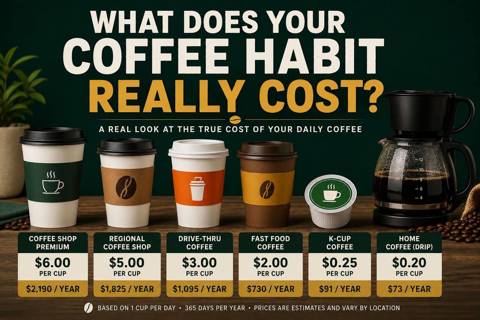 Coffee cost comparison showing premium coffee shop coffee, regional coffee shop coffee, drive-thru coffee, fast food coffee, K-Cup coffee, and home drip coffee with estimated yearly costs.