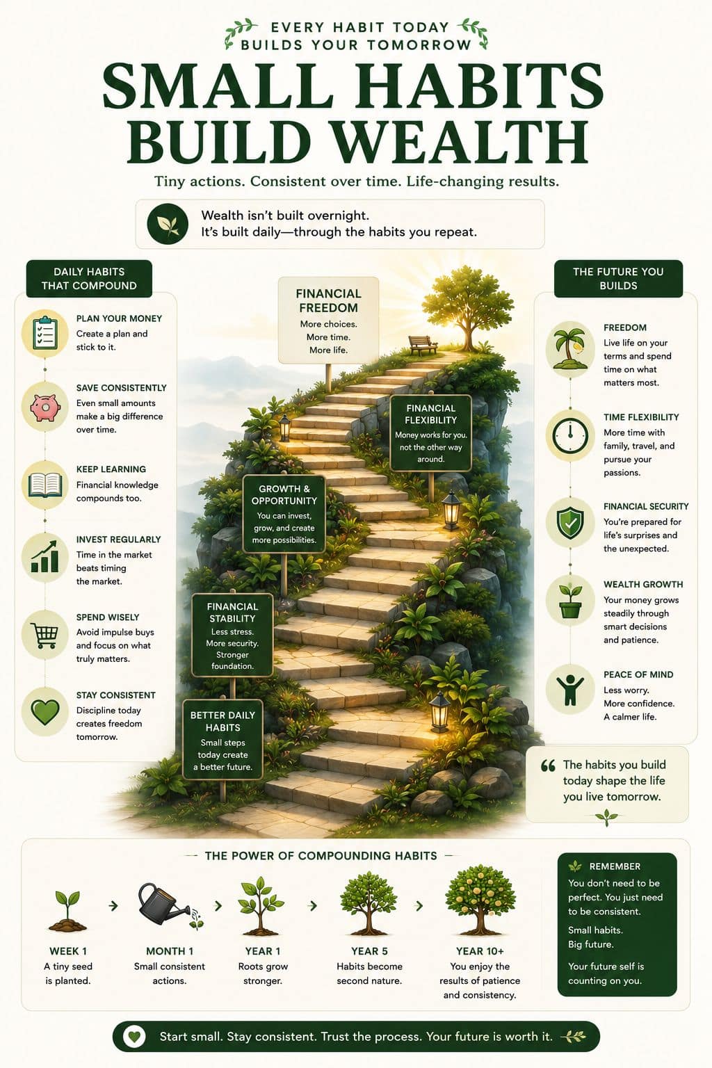 Money habits visual showing how small consistent financial choices build long-term progress