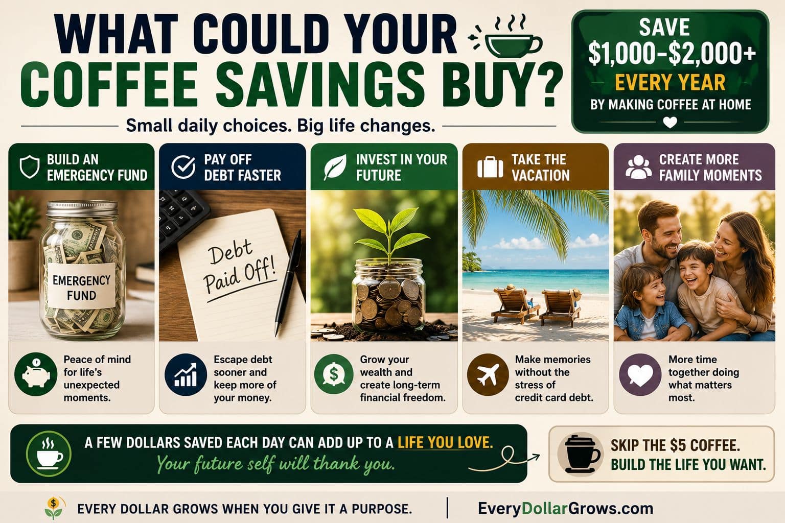 Infographic showing how money saved by making coffee at home could be used for an emergency fund, debt payoff, investing, vacations and family experiences.
