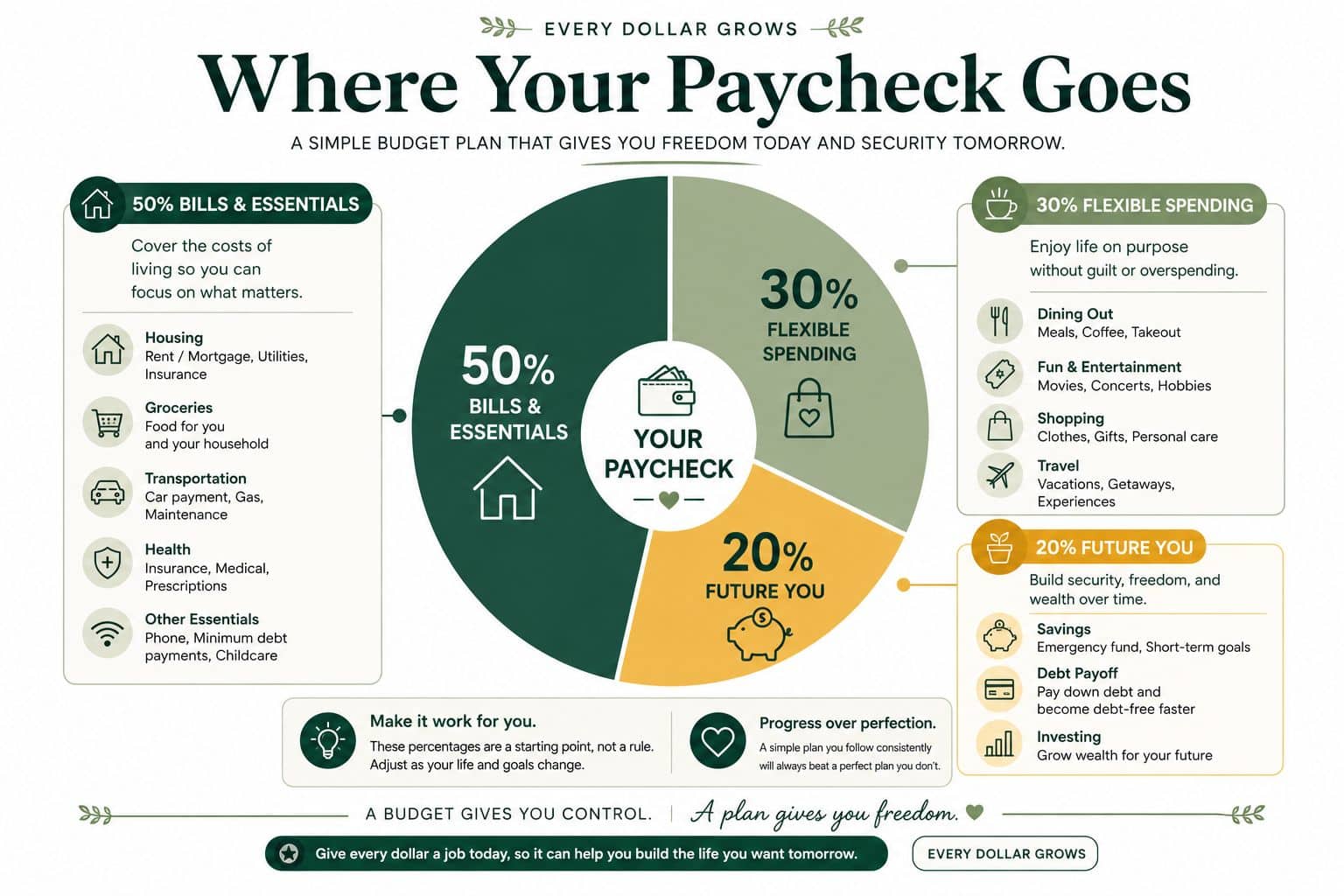 Budgeting visual showing how a paycheck can be divided between bills, essentials, flexible spending, and future goals