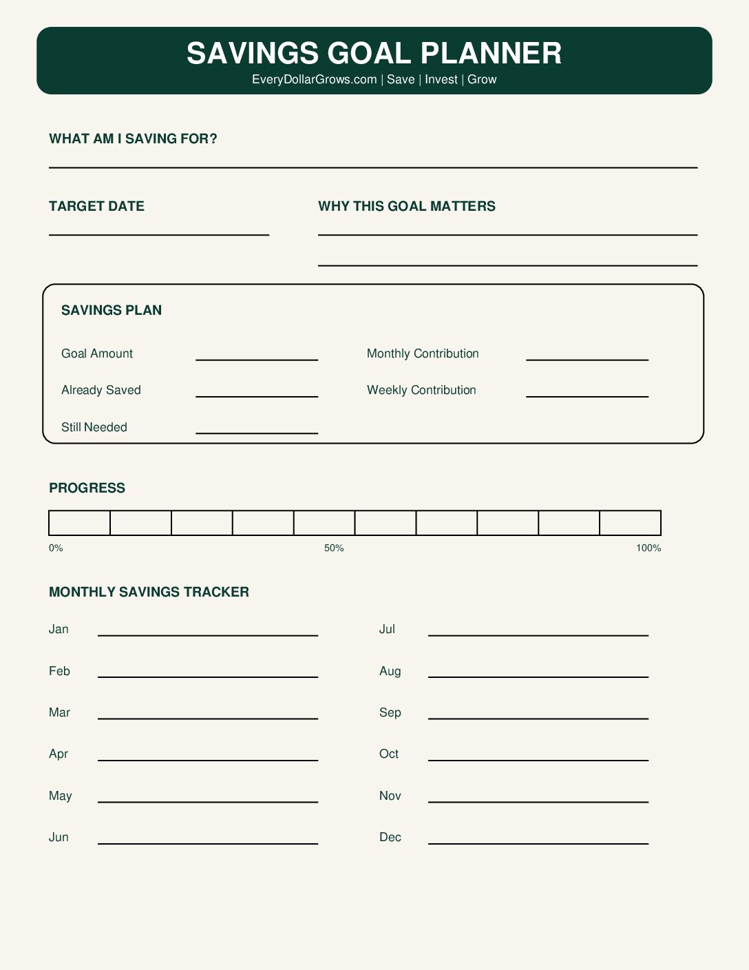Free Savings Goal Planner printable preview with target date, contribution planning, progress tracker, and monthly savings tracker