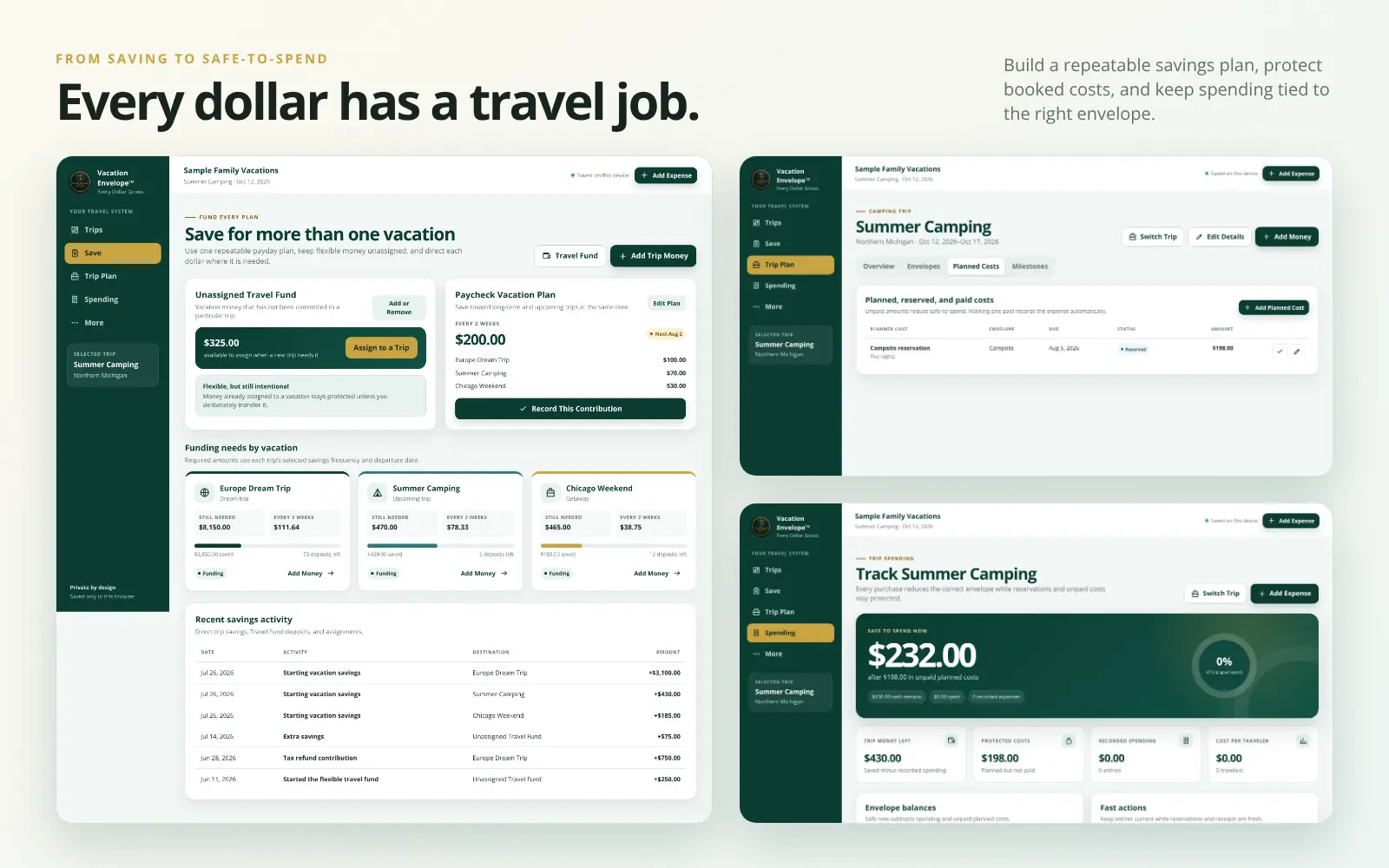 Vacation Envelope screens for saving, planning reserved costs, and recording trip spending