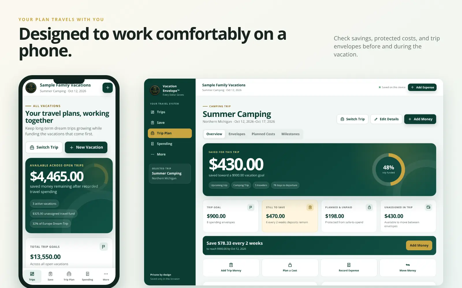 Vacation envelope app displayed on a mobile phone with active trips and savings plans