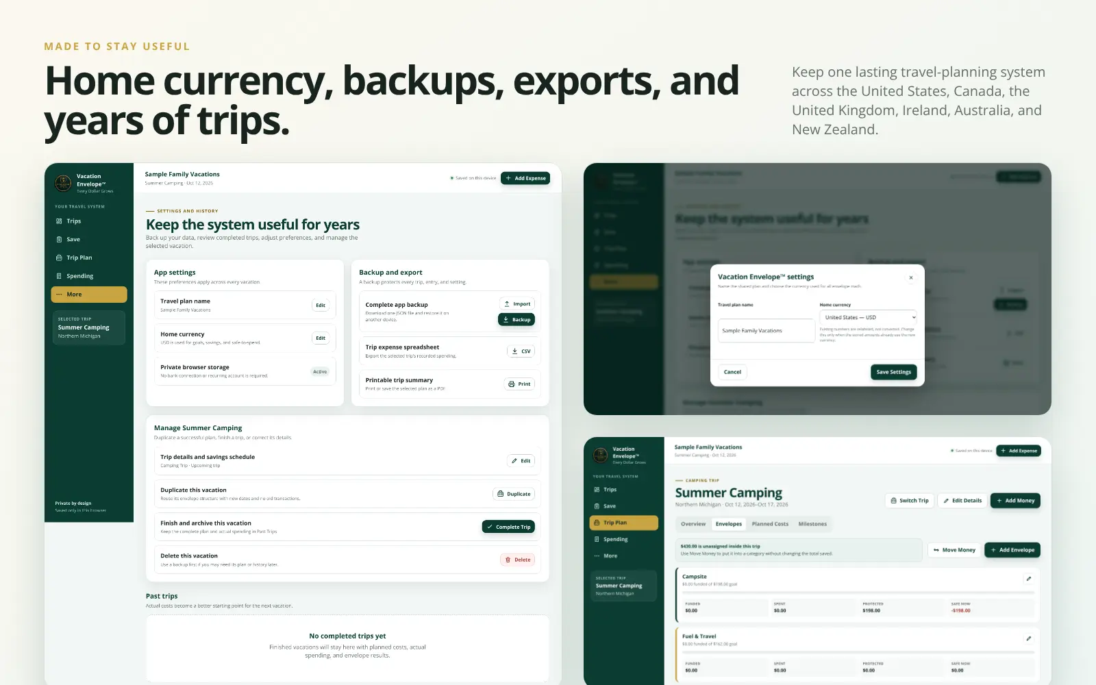 Vacation Envelope currency settings, backup tools, CSV export, and completed trip records