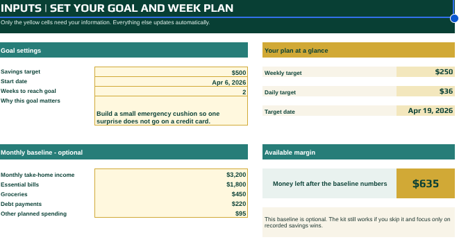 Save $500 Starter Kit input screen for setting a savings goal, start date, timeline, and optional monthly baseline