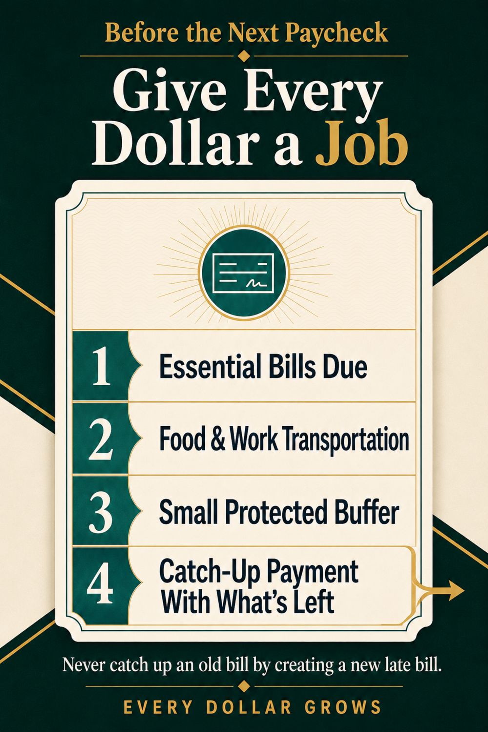 Four-step paycheck plan covering essential bills, food, transportation, a protected buffer, and catch-up payments