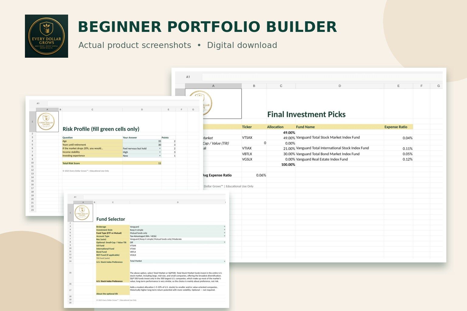 Beginner Portfolio Builder showing actual risk profile, fund selector, and final investment picks worksheets