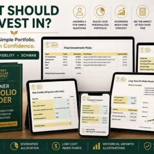 Beginner Portfolio Builder product hero image showing portfolio worksheets, fund selector screens, risk profile, fee impact calculator, and historical growth illustration for beginning investors.