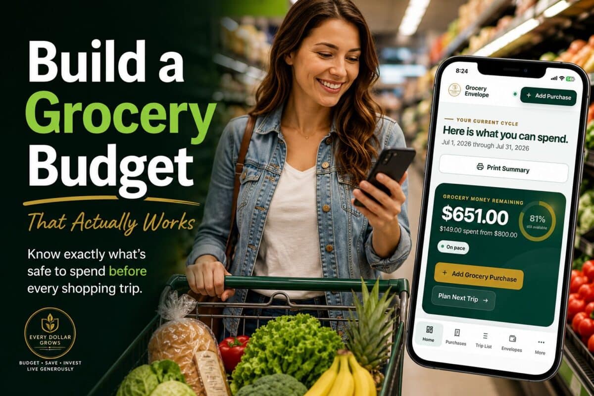Woman grocery shopping while using the Grocery Envelope app to track her remaining monthly grocery budget.