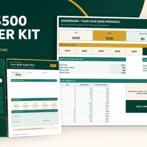 Save $500 Starter Kit Digital Download showing the actual savings dashboard, printable workbook cover, and $500 Game Plan worksheet