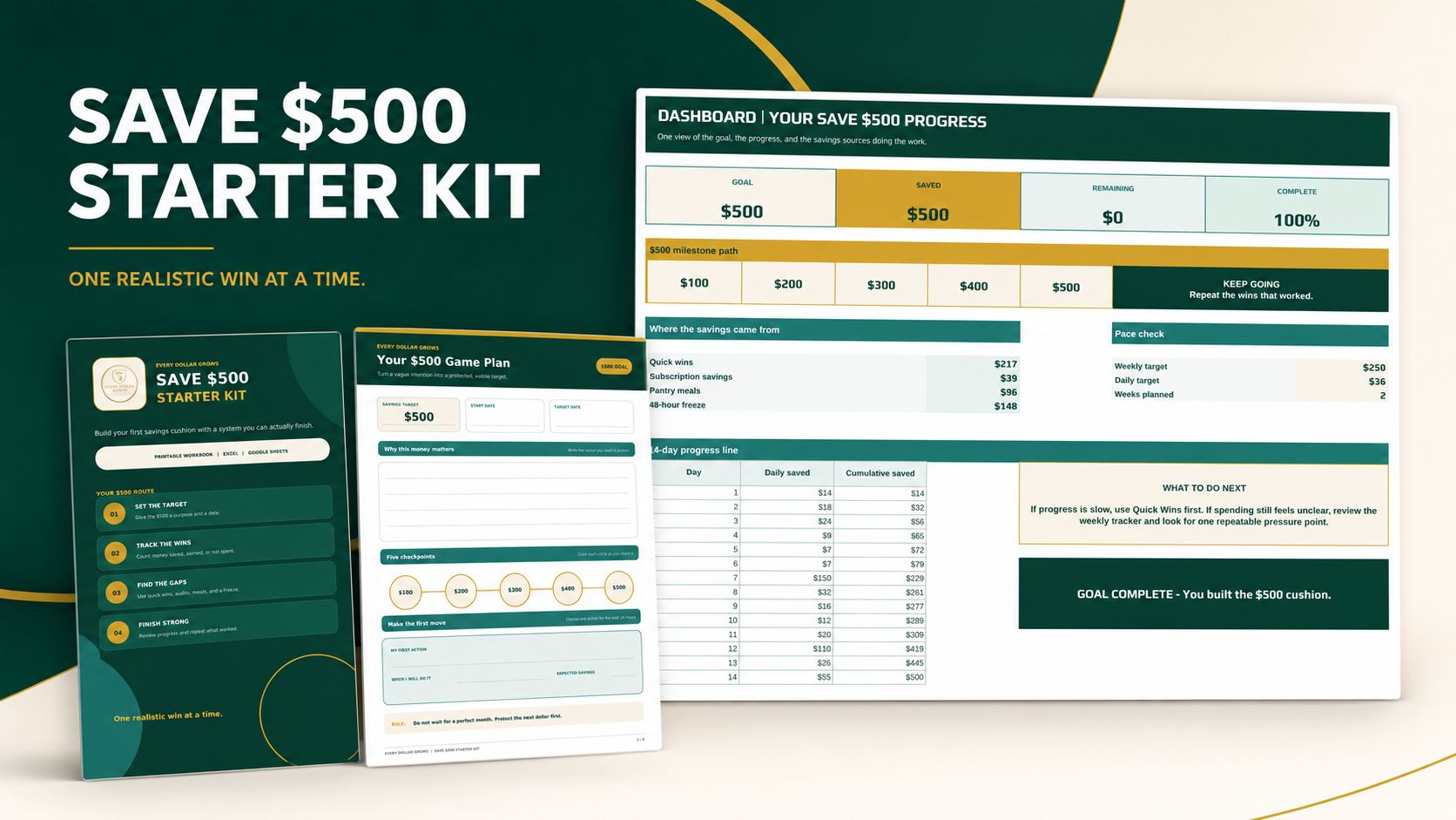 Save $500 Starter Kit Digital Download with savings dashboard, printable workbook, and $500 Game Plan worksheet