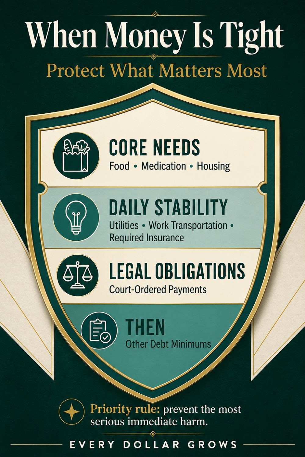 Financial priority shield showing essential expenses to protect when money is tight