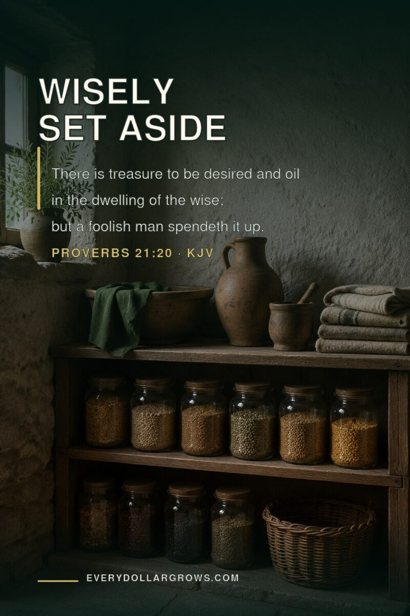 Proverbs 21:20 KJV about saving over an orderly pantry with grain and oil. What does the Bible say about saving money?