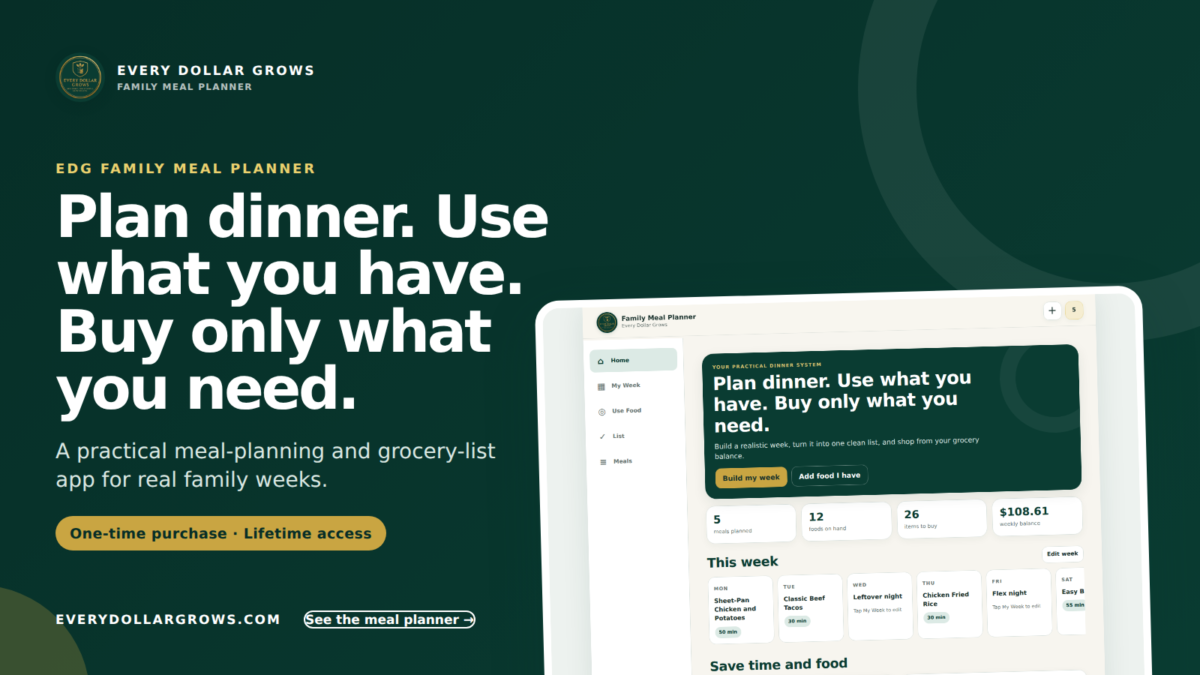 Meal and grocery list planner with 63+ family meals, pantry-aware meal planning, and a smart weekly grocery list from Every Dollar Grows.