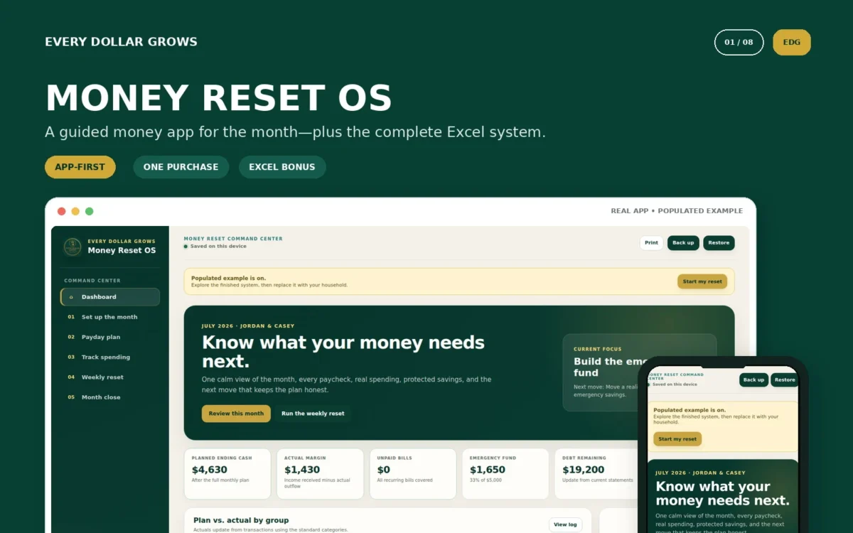 Wide Money Reset OS app hero with the real populated dashboard and phone view
