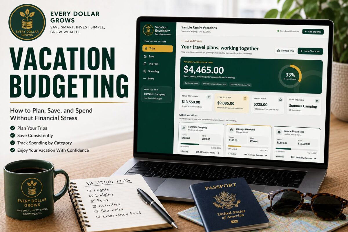 Vacation budgeting dashboard showing multiple vacation savings goals, travel funds, and planned trips in the Vacation Envelope app