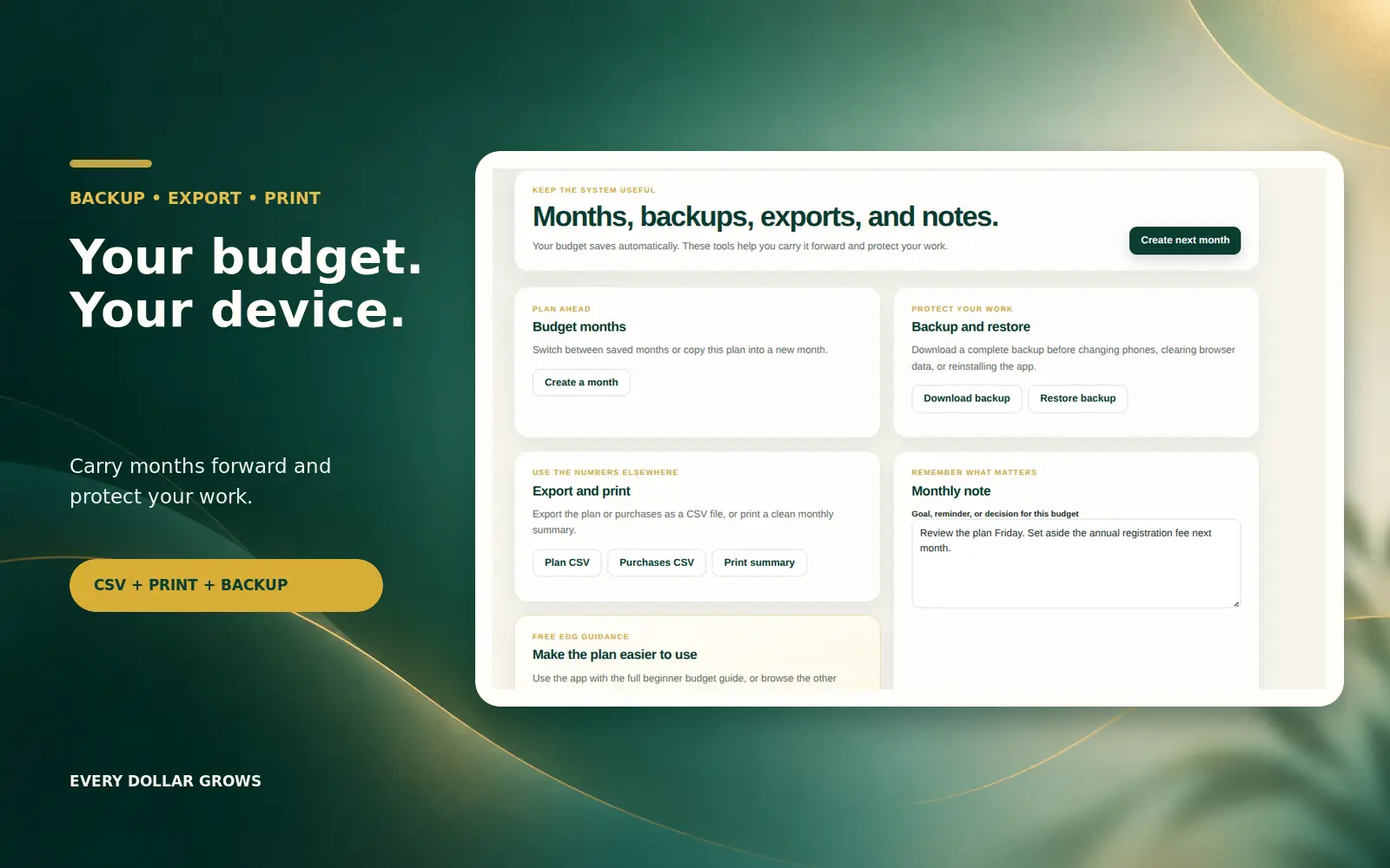 Simple Budget app tools for months, backup and restore, CSV export, printing, and notes